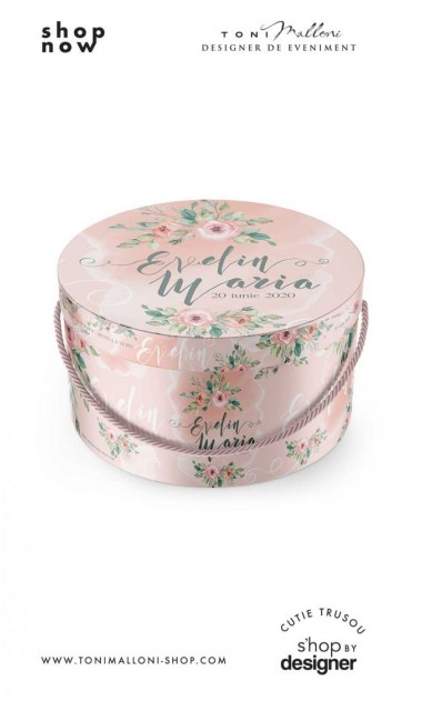 Cutie somon pentru trusou botez rotunda cu flori in stil boho 2
